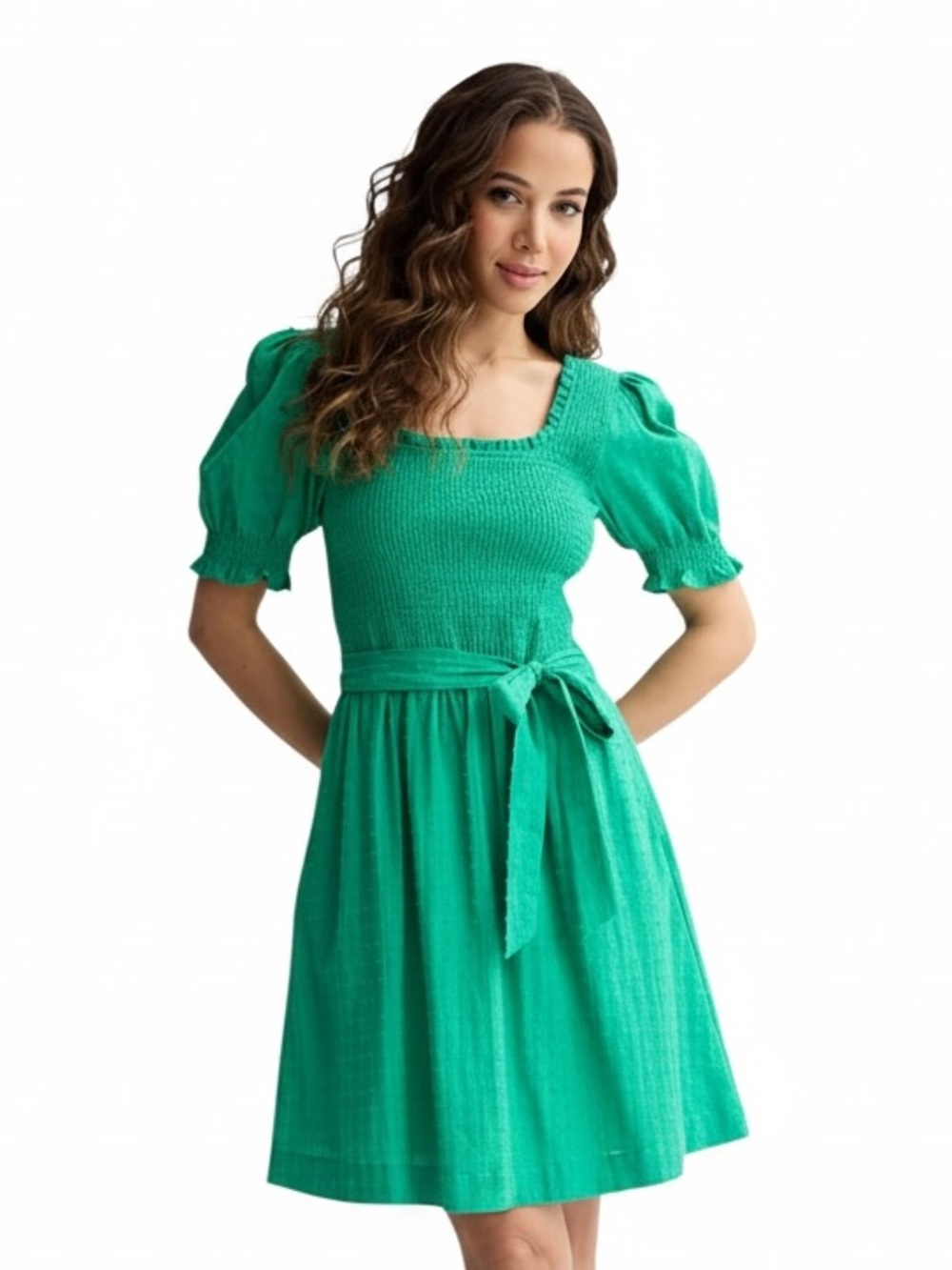 Draper James Emerald Green Smocked Puff-Sleeve Midi Dress
